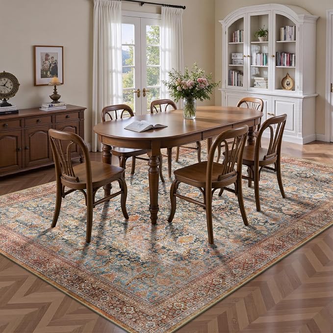 6x9 Area Rugs - Washable Vintage Retro Living Room Rug, Soft Ultra Thin Non Slip Low Pile Traditional Distressed Boho Carpet for Bedroom Dining Room Nursery Home Office, Rust Clay