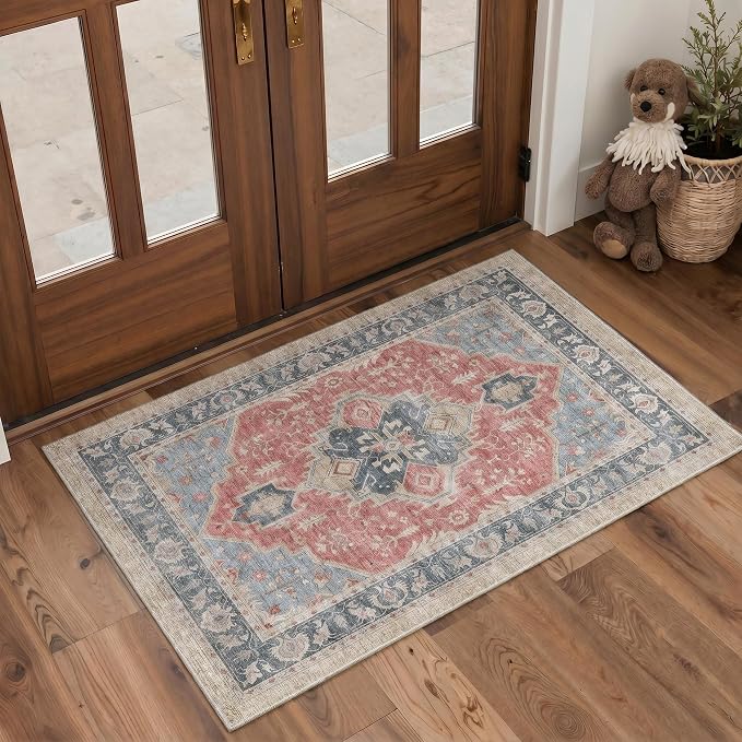 GENIMO 2x3 Rug Machine Washable Low Pile Indoor Entryway Mat for Kitchen Entrance Front Door Bathroom with Non Slip Backing Floral Medallion Dusty Red