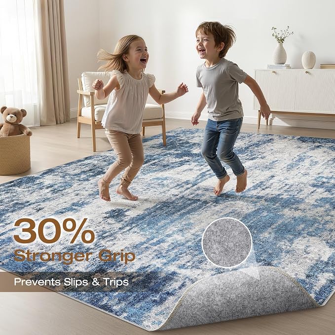 9x12 Area Rugs Living Room: Washable Large Neutral Rug Abstract Soft Modern Stain Resistant Indoor Floor Non-Slip Carpet for Bedroom Nursery Kids Office Playroom Dining Room Under Table- Navy Gray