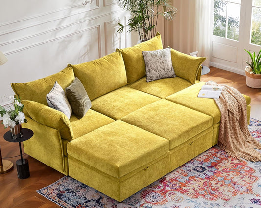 102.6" Luxury Modular Sleeper Sofa Bed 6 Seat Reversible Sectional Couch Deep Seat with Storage Chaises Removable Cover for Living Room, Apartment - Chenille Yellow