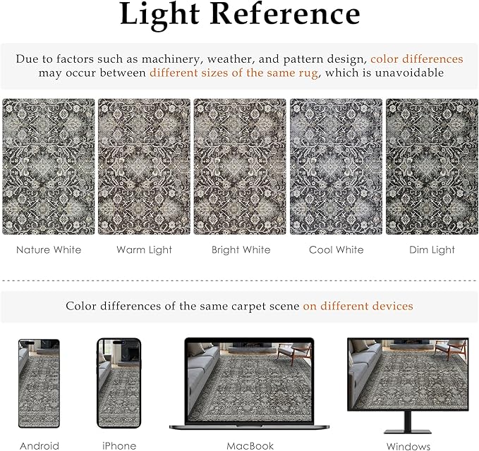 PureCozy Vintage Area Rug 8x10 Black Washable Living Room Large Carpet Non Slip Bedroom Indoor Office Low Pile Traditional Distressed Retro Accent Rug for Dining Room