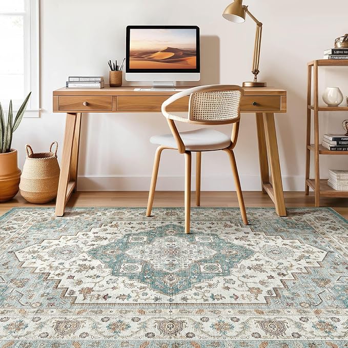 6x8 Area Rug Living Room: Washable Boho Large Neutral Vintage Soft Rug Stain Resistant Farmhouse Non-Slip Indoor Floor Carpet for Bedroom Nursery Kids Playroom Office Dining Room Home- Teal Brown