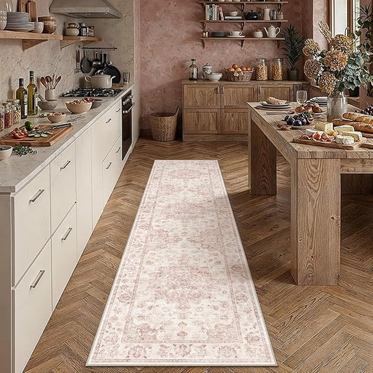 2x8 Washable Neutral Runner Rug Pink Vintage Hallway Kitchen Carpet Non-Slip Soft Low Pile Farmhouse Throw Rug for Bedroom Bathroom Laundry Living Room
