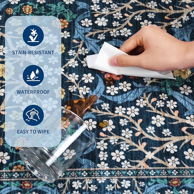 GarveeHome Dark Blue Floral 4 ft Round Rug Washable Non-Slip Soft Low Pile Small Circle Carpet Vintage Rugs for Kitchen Bedroom Nursery Dining Living Room