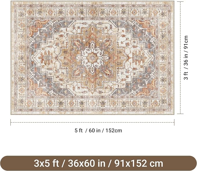 befbee 3x5 Rug, Ultra-Thin Area Rugs for Living Room,Non-Slip Lightweight Washable Rug for Bedroom,Kitchen,Entryway,Stain Resistant Small Carpet (Turmeric/Grey, 3'x5')