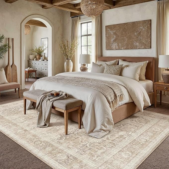 HUGEAR 8x10 Area Rugs Machine Washable Retro Beige Living Room Bedroom Rug Distressed Vintage Neutral Stain Resistant Non Slip Low Pile Large Throw Carpet for Home Aesthetic Decor