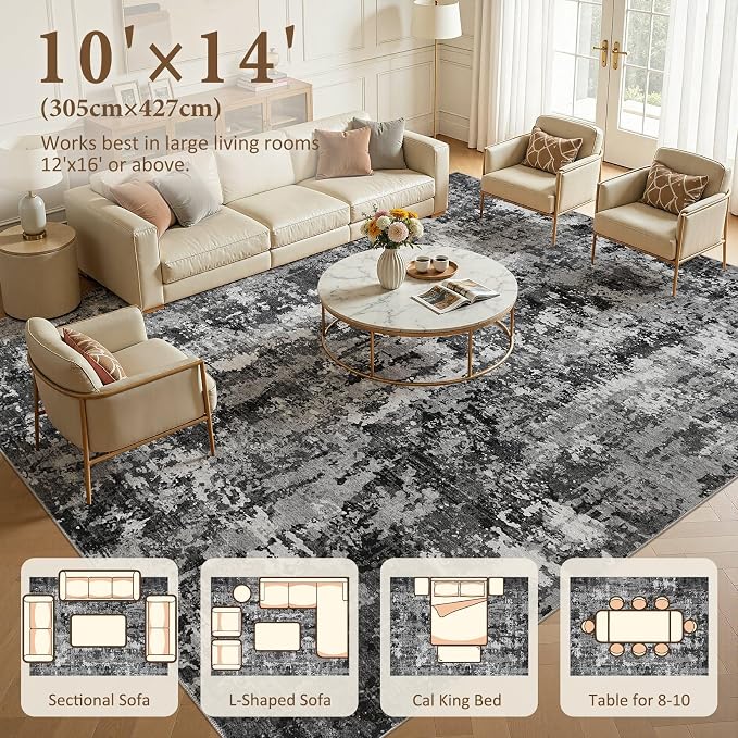 10x14 Area Rug Living Room Rugs: Washable Large Soft Abstract Modern Neutral Rug Stain Resistant & Non-Slip Low-Pile Carpet for Bedroom Dining Nursery Home Office Room Decor - Black
