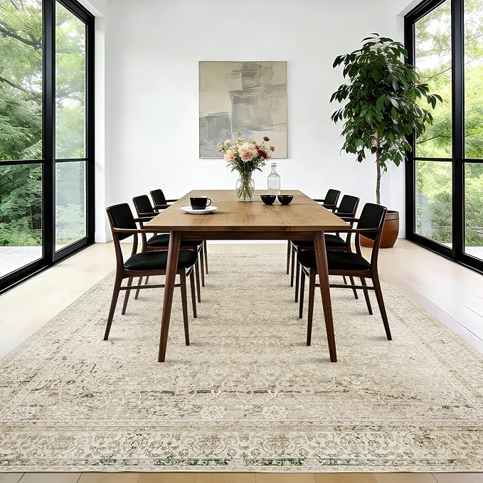 BILEEHOME Boho Cream Area Rugs 6x9 for Bedroom Washable Floral Neutral Modern Rug for Living Room,Light Beige and Tan Brown