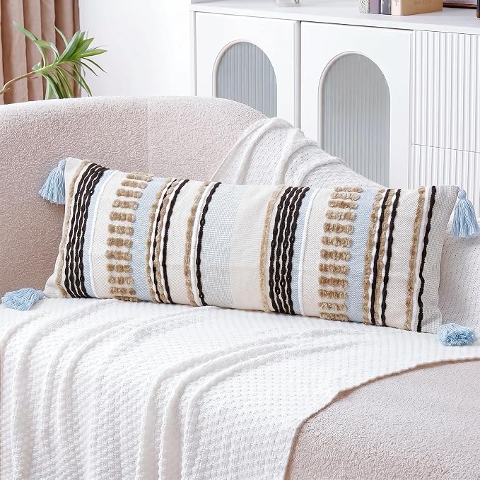 NUYECY Chenille and Cotton Long Pillow for Bed, Striped Textured Boho Lumbar Throw Pillow Cover 12x36, Neutral Accent Decorative Extra Long Body Pillow Case for Couch, Sofa, Bedroom, Khaki