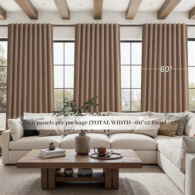Rust Brown Blackout Curtains 60 Inches Extra Wide Linen 92 Inch Length for Living Room,Pleated Farmhouse Bedroom Chocolate Thermal Drapes for Winter Thick Large Window Energy (60"W x 92"L 2 Panels)