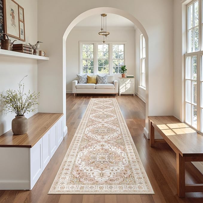 Madane Washable Runner Rugs 2x12 Long for Hallway Kitchen Soft, Pink | Non-Slip Vintage Printed 12ft Rug Runners with Rubber Backing, Low-Pile Floor Carpet Laundry Room Entryway, Corridor