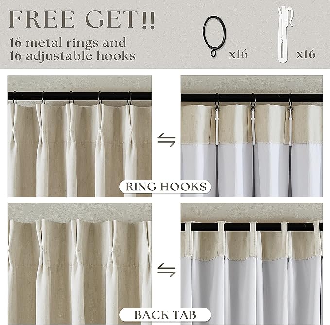 Linen Beige Black Out Curtains 63 Inch Long for Bedroom Pinch Pleated with Rings Hooks Back Tab Thermal Insulated Short Length Linen Blackout Drapes Farmhouse Living Room Darkening Kitchen Curtains