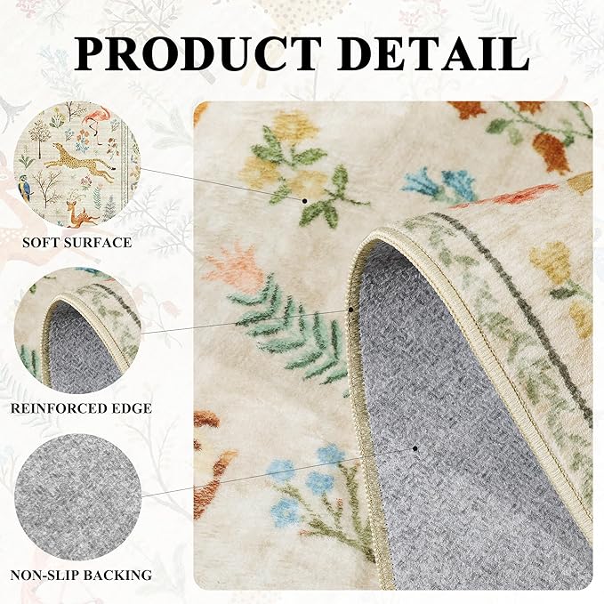DUKINO 4x6 Rug, Washable Animal Area Rug with Non Slip Vintage Design, Indoor Soft Low Pile Carpet for Bedroom, Nursery, Dining Room, Farmhouse, Playroom, White