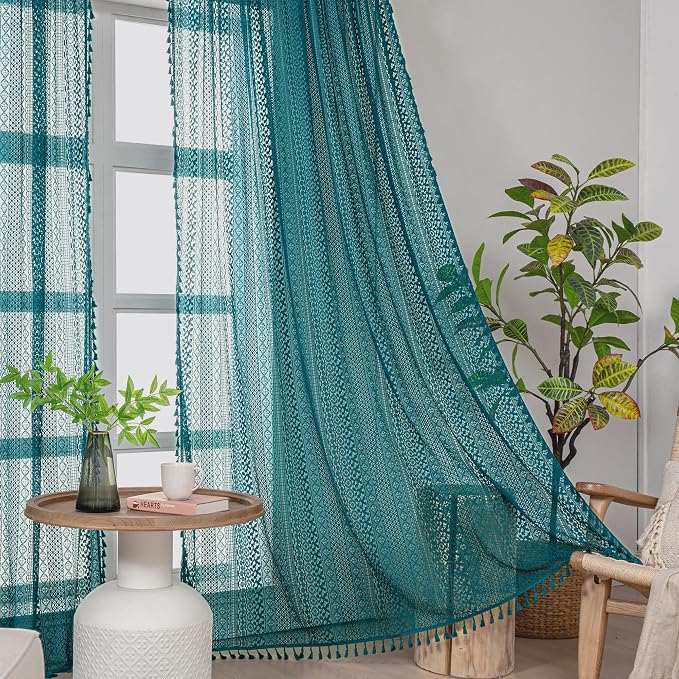 WAZZIO Boho Lace Curtains 63 Inches 2 Panel,Light Filtering Privacy Tassel & Geometry Crochet Semi Sheer Curtain Drapes for Bedroom Living Dining Room,Rod Pocket & Tassel,Coastal Style,Teal
