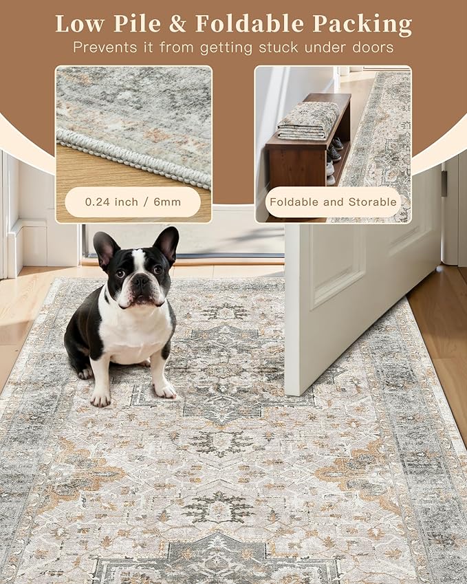 Madane Kitchen Runner 2'6''x8' Rug Runners for Hallways, Light Taupe Brown | Vintage Machine Washable Rugs 2.5x8 Ft, Non-Slip Low Pile Stain-Resistant 8ft Floor Carpet for Laundry Room, Corridor