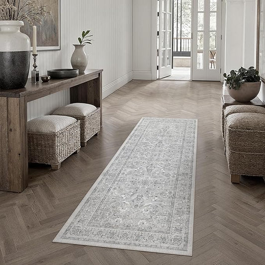 PureCozy Gray 2x6 Runner Rug Hallway Washable Vintage Carpet Kitchen Long Small Indoor Non Slip Soft Low Pile Thin Stain Resistant Distressed Accent Throw Rug for Bedroom Laundry Office Living Room