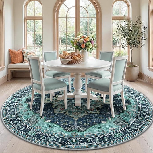 RELEANY Area Rugs Round 7ft Washable Non-Slip, Floral Vintage Distress Medallion Carpet for Living Room Bedroom Dining Room, Teal Green Lake Blue Turquoise