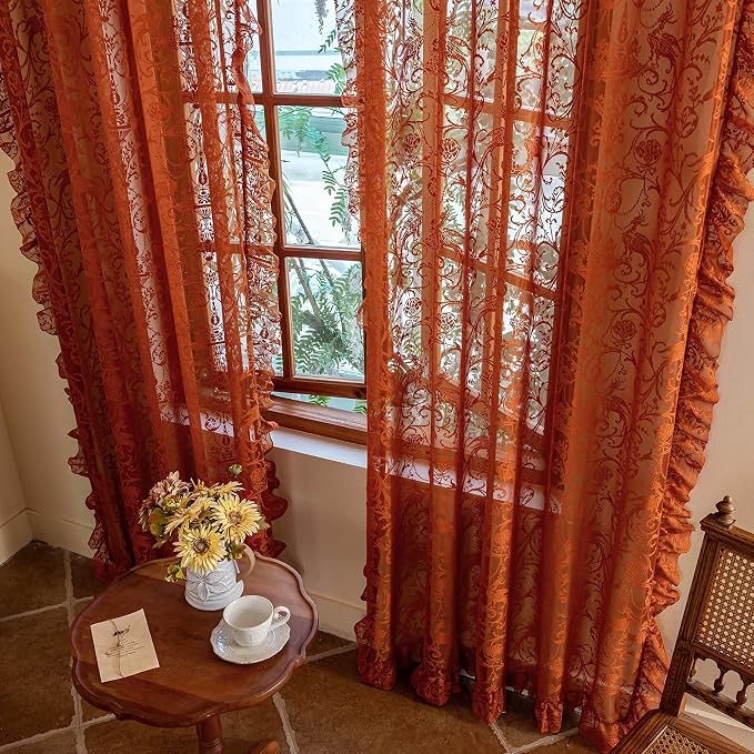 TUDECO Burnt Orange Lace Curtains for Living Room 2 Panels - Vibrant Floral Branch Ruffle Sheer Terracotta Curtains, Boho Rod Pocket Bright Privacy Autumn Window Treatments, 59W x 84L, Terracotta