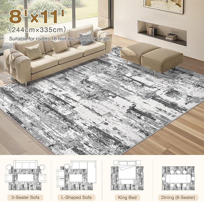 Area Rugs for Living Room: 8x11 Abstract Washable Rug Modern Neutral Large Soft Stain Resistant Non-Slip Backing Machine Table for Bedroom Dining Room Indoor Home Office Carpet - Black Grey