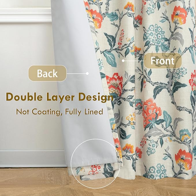 DriftAway Ada Floral Botanical Print Flower Leaf Lined Thermal Insulated Room Darkening Blackout Window Curtains 2 Layers Set of 2 Panels Each 52 Inch by 120 Inch Orange Teal Beige Linen