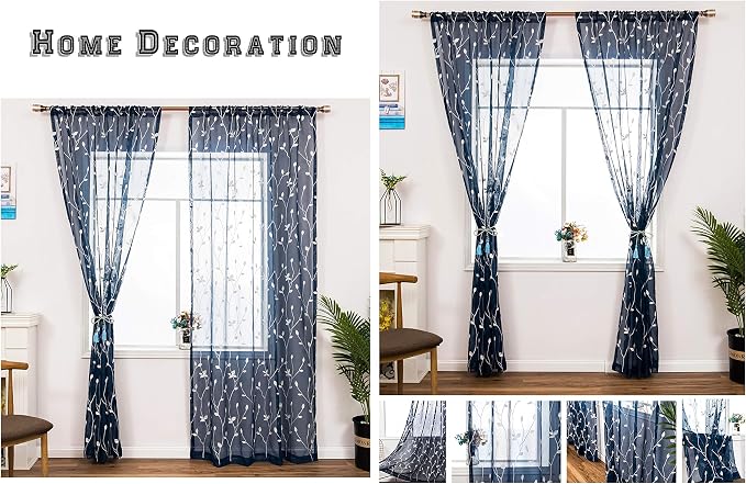AmHoo 2 Panels Embroidered Leaf Pattern Semi Sheer Curtains Foliage Floral Voile Window Draperies Treatment for Bedroom Living Room Rod Pocket Navy Blue 53 x 95 Inch