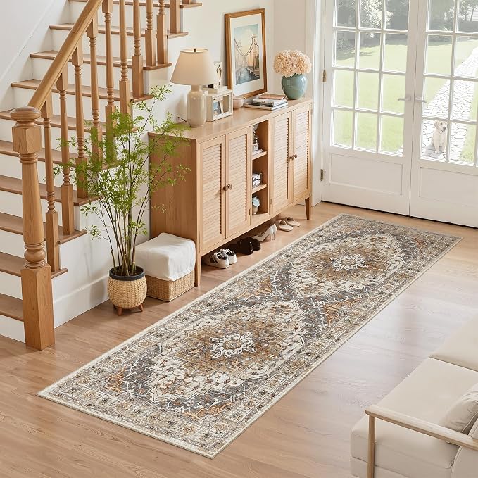 Madane Washable Runner Rug - 2x6 Rug Runners for Hallways 6 Feet Non Slip Vintage Kitchen Runner Rug Ultra-Thin Bathroom Runner Rugs Carpet Laundry Room Bedroom (2x6ft, Turmeric/Grey)