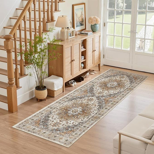 Madane Washable Runner Rug - 2x6 Rug Runners for Hallways 6 Feet Non Slip Vintage Kitchen Runner Rug Ultra-Thin Bathroom Runner Rugs Carpet Laundry Room Bedroom (2x6ft, Turmeric/Grey)