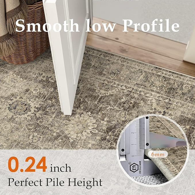 8x10 Washable Area Rug for Living Room Bedroom Brown Vintage Large Distressed Rustic Low Pile Carpet Non-Slip Soft Throw Rug for Indoor Dining Room