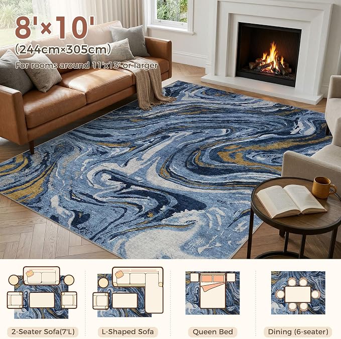 DMOYEST 8x10 Area Rug for Living Room - Washable Neutral Modern Abstract Rugs Soft Non-Slip Carpet Low Pile Indoor Floor Mat for Bedroom & Dining Room Decor for Families with Kids and Pets- Dark Blue