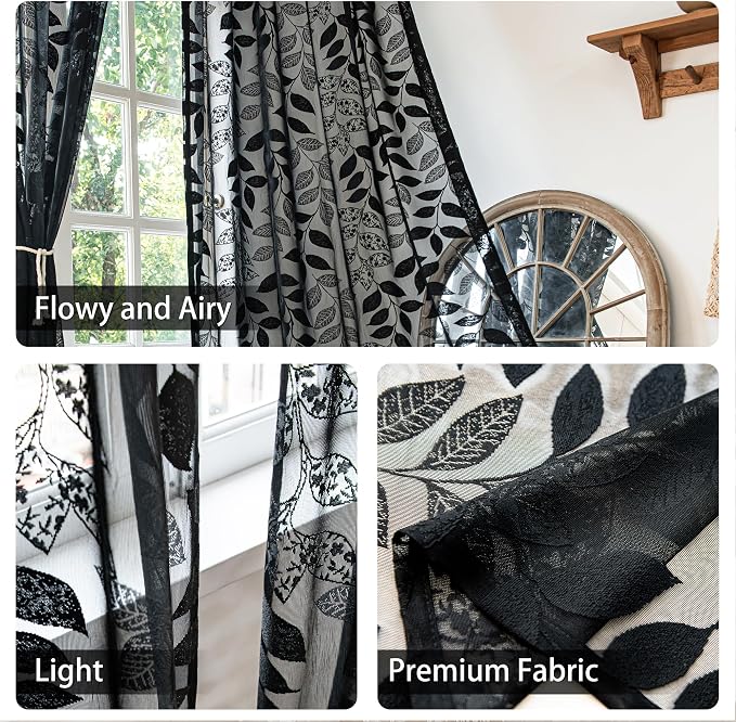 Treatmentex Black Lace Curtains 63inch Light Filtering Leaf Sheer Window Curtains for Living-Room Bedroom Vintage Leaves Knitted Lace Sheer Curtain Panels 54" w 2pcs Rod Pocket