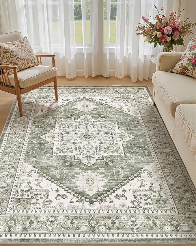 5x8 Vintage Area Rug: Washable Neutral Soft Non Slip Thin Large Floor Carpet for Living Room Bedroom Kitchen Dining Room Home Office Farmhouse Indoor - Green