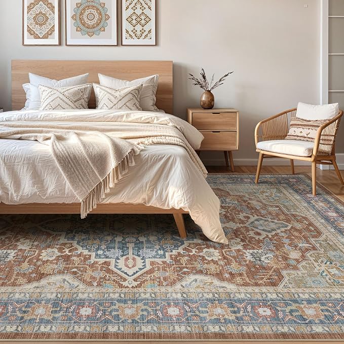 7x9 Area Rug Living Room: Washable Boho Large Neutral Vintage Soft Rug Stain Resistant Farmhouse Non-Slip Indoor Floor Carpet for Bedroom Nursery Kids Playroom Office Dining Room- Red Multi