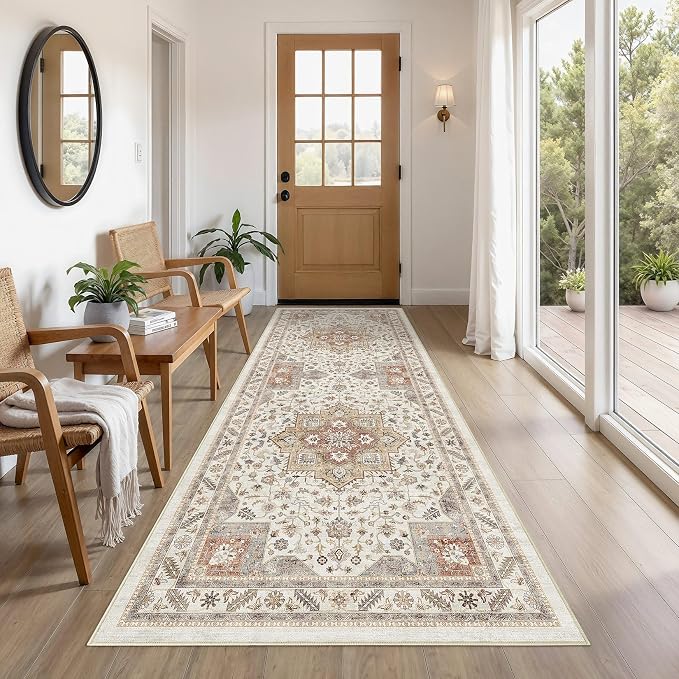 Vintage Hallway Runner Rug 3x8: Large Soft Washable Entryway for Kitchen Laundry Room Non-Slip Backing Runner for Entrance Living Room Bedroom Bathroom - Orange