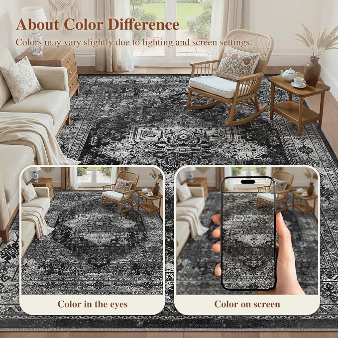 UERMEI 10x14 Area Rug Living Room Rugs - Washable Vintage Soft Large Rug Indoor Floor No Slip Rug Carpet for Bedroom Farmhouse Under Dining Table Home Office Decor - Black