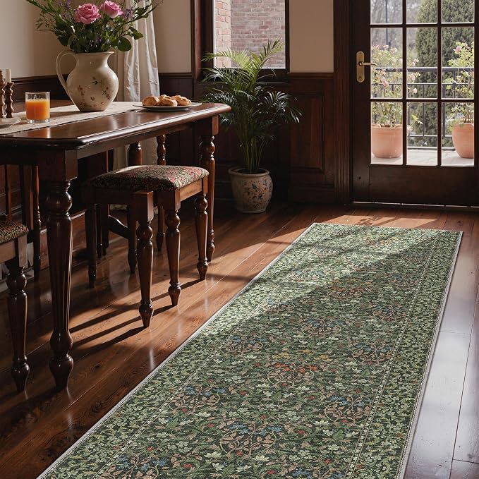 GENIMO 2.5x10 Washable Long Runner Rug, Non Slip Hallway Mat, Emerald Green | Vintage Boho Floral Low Pile Thin Mat for Entryway, Kitchen, Bedroom, Indoor Decor