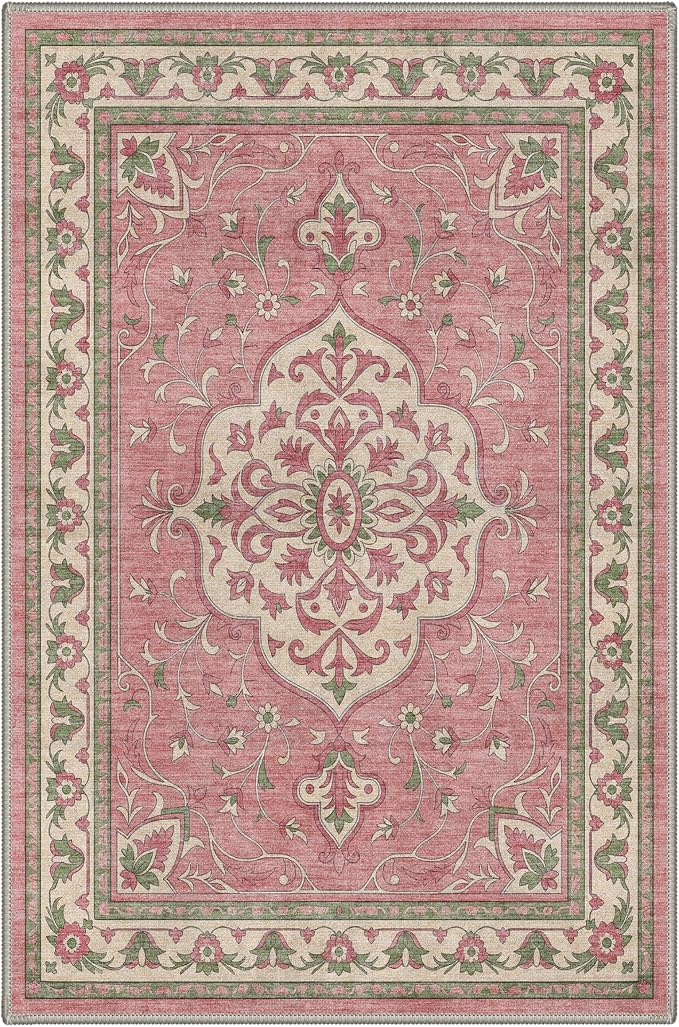 GENIMO 2x3 Rug Machine Washable Low Pile Indoor Entryway Mat for Kitchen Entrance Front Door Bathroom with Non Slip Backing Floral Medallion Dusty Pink