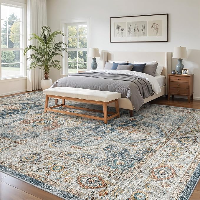 befbee 10x14 Area Rugs,Ultra-Thin Washable Rugs for Living Room,Non-Slip Lightweight Foldable Area Rug,Stain Resistant Vintage Large Rugs (Navy,10'x14')