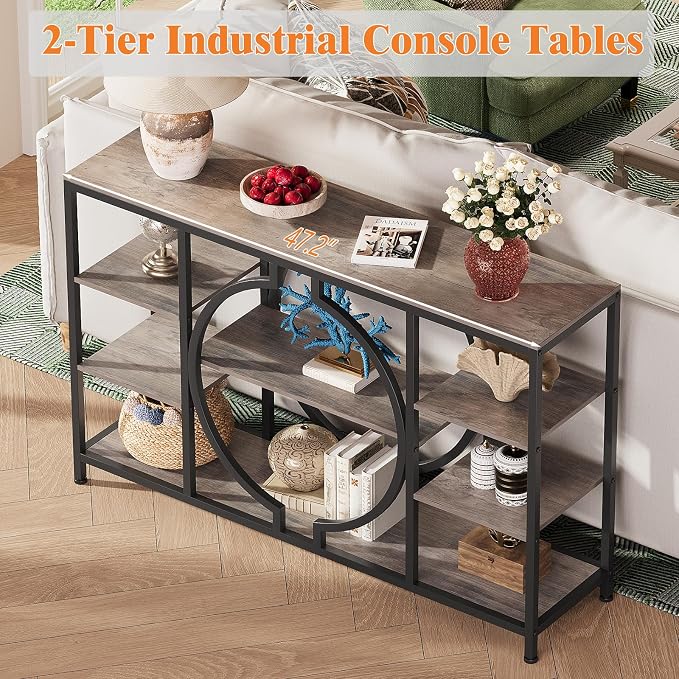 GiftGo 47" Industrial Console Tables for Entryway Rustic Sofa Table Behind Couch 4 Tier Wooden Shelves Entry Table with Storage for Foyer, Hallway, Front Door,Living Room (Retro Grey, 47")