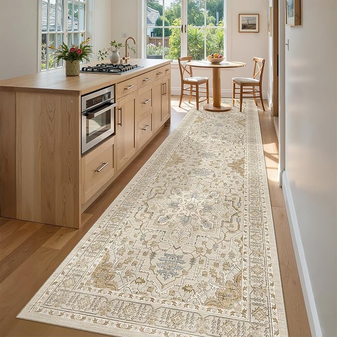 Madane Hallway Runner Rug 3x12 Washable Kitchen Runners 12ft, Beige/Blue | Vintage Non Slip Area Rugs for Hallways, Soft Low-Pile Thin Farmhouse Wide Floor Carpet for Entryway Foyer Bathroom Bedroom