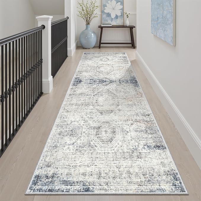 Soalmost Washable Runner Rug, 2'6" x 8' Non-Slip Kitchen Vintage Foldable 2.5x8ft Hallway Runners for Entryway, Laundry, Bedroom, Blue Ivory
