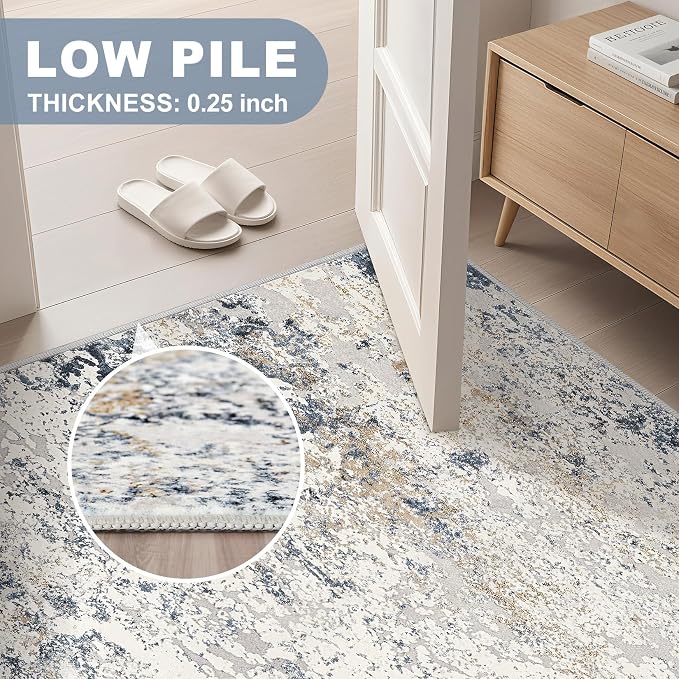 DMOYEST Washable Runner Rug for Hallway: 2.6x10 Neutral Modern Abstract Low Pile Area Rug with Non-Slip Backing - Carpet for Bedroom Kitchen Laundry Entryway Bathroom Indoor - Beige Blue