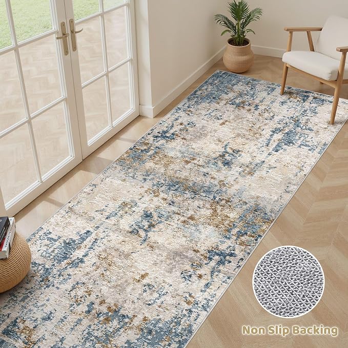 Runner Rug Kitchen Washable Rugs: 3x8 Non-Slip Abstract Soft Modern Stain Resistant Indoor Floor Neutral Accent Throw Carpet for Hallway Bathroom Laundry Room Entryway Bedroom- Blue Tan
