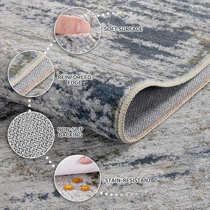 DMOYEST Area Rug Living Room Rugs - 8x10 Washable Large Soft Indoor Neutral Modern Abstract Low Pile Rug Carpet for Bedroom Dining Room Farmhouse Home Office - Blue/Grey/Brown