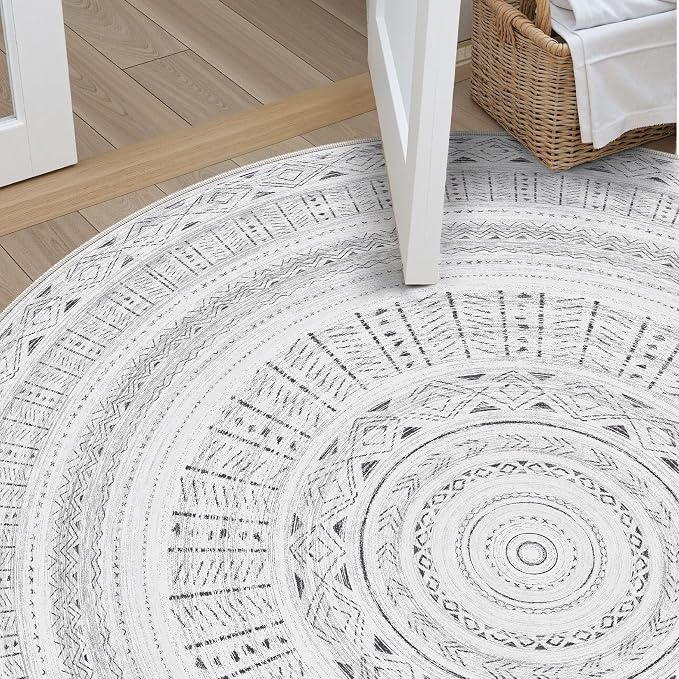 cotiled 5x5 Round Area Rugs Living Room Rug: Washable Boho Rugs with Non Slip Backing Large Soft Indoor Stain Resistant Carpet for Bedroom Farmhouse Dining Room Lightweight Home Decor Dark Grey
