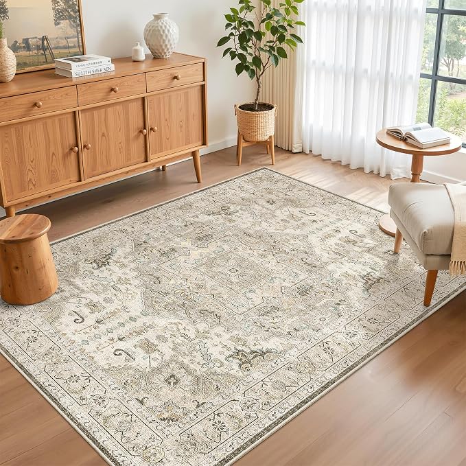 Madane Area Rug 4x6 Washable Rugs Vintage for Living Room, Ivory/Brown | Ultra-Thin Stain Resistant Vintage Large 4'X6' Carpet, Low-Pile Floor Mat For Bedroom Dining Room Office Home Decor
