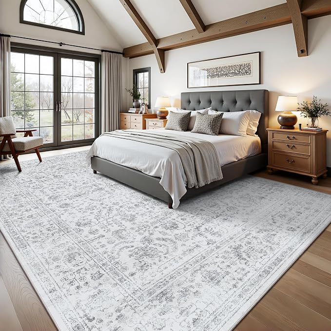 8x10 Area Rugs for Living Room, Washable Vintage Retro Floral Rug, Low Pile Non Slip Distressed Large Carpet for Bedroom, Dining Room, Office, Home (Grey)