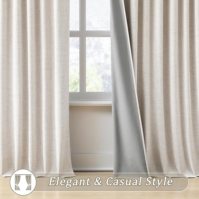 RAIN CITY Extra Wide Curtains 90 Inch Long 2 Panels,Total 140 in Wide Boho Noise Reduction Window Burlap Track System Curtain Panels for Country Villa Back Tab Pleat Tape with Hooks,Linen Beige 70x90