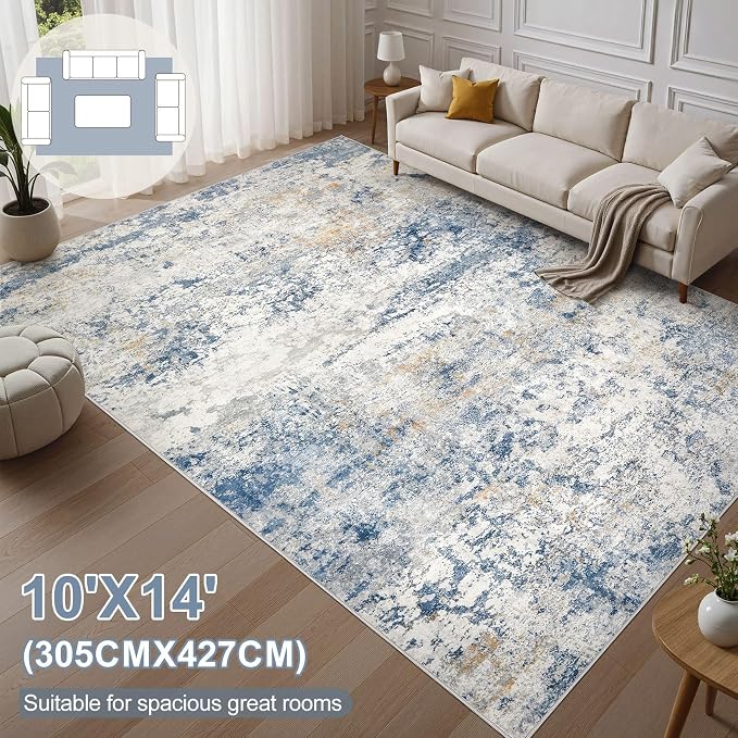 DMOYEST Area Rug Living Room Rugs - 10x14 Abstract Large Soft Indoor Washable Rug Neutral Modern Low Pile Carpet for Bedroom Dining Room Farmhouse Home Office - Blue