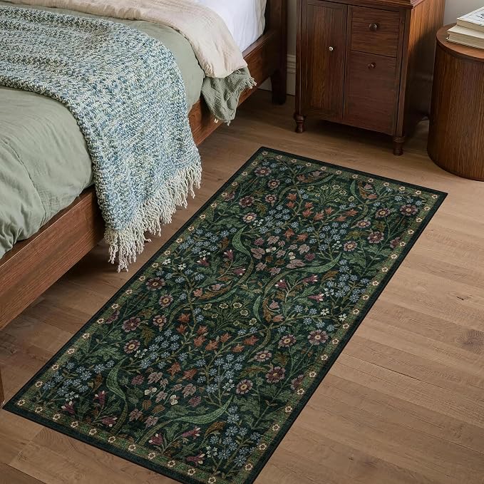 2x4 Washable Runner Rug Kitchen Hallway Area Rug Vintage Boho Floral Ultra Non-Slip Low Pile Soft Faux Wool Carpet Kids and Pets Friendly for Bathroom Bedroom Entryway Nursery Home Rug Green
