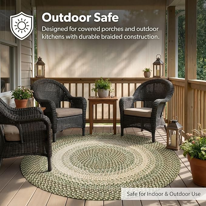 Super Area Rugs Braided Rugs Round 4ft Farmhouse Kitchen Rug - Ridgewood Braided Rug for Dining Room Table - Reversible - Indoor/Outdoor - Made in USA - Forest Green/Beige, 4' Round